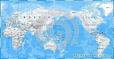 World Map Physical White - Asia in Center - China, Korea, Japan Stock Photo