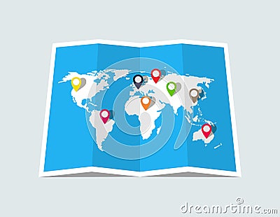 World map with pin of location. Paper world map for travel, business and tourism. Template of earth with country. Global geography Vector Illustration