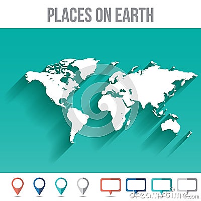 World Map with Pins, Flat Design Vector Vector Illustration