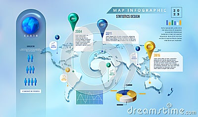 World map with pins. Global point lines. Globe country pointer. Timeline markers and drop marks. Demographics percentage Vector Illustration