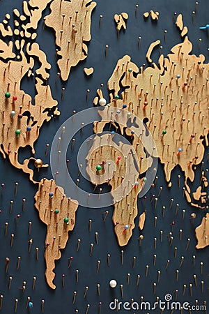 world map with pins marking famous landmarks Stock Photo