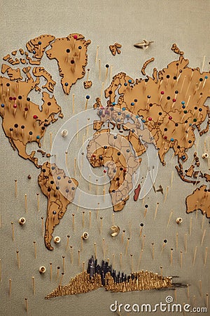 world map with pins marking famous landmarks Stock Photo