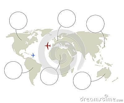 World map and plane or aircraft in Vector Illustration