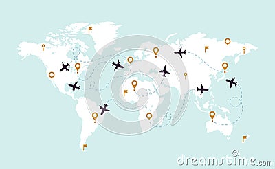 World map plane tracks. Aviation track path on world map, airplane route line and travel routes vector illustration Vector Illustration