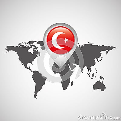 World map with pointer flag turkey Vector Illustration