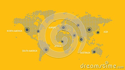 World map with pointers. North, South America, Europe, Asia, Africa, Australia. Illustration for web page, global business, Stock Photo