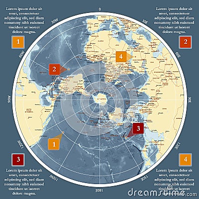 World map in polar projection with grid. Antarctic center Vector Illustration