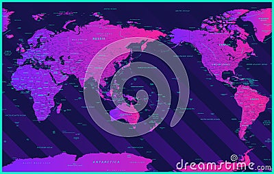 World Map Political - Asia China Center - Bright Color Neon Modern Gradient - Vector Detailed Illustration Stock Photo