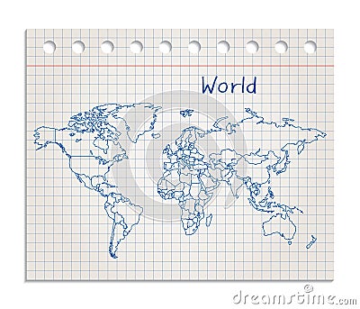 World map on a realistic squared sheet of paper torn from a block Vector Illustration