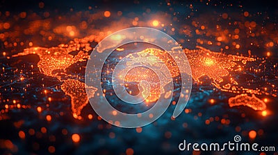 A world map represented by illuminated digital dots, visualizing global networks and data connectivity Stock Photo