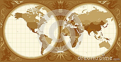 World map with retro-styled hemispheres Vector Illustration