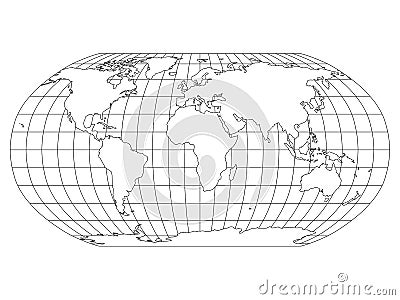 World Map in Robinson Projection with meridians and parallels grid. White land with black outline. Vector illustration Vector Illustration