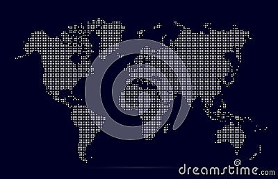 World map with square dot. White dotted squares world map isolated on blue background. Pixels silhouette worldmap. Simple flat Vector Illustration
