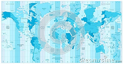 World Map with Standard Time Zones in colors of blue Vector Illustration