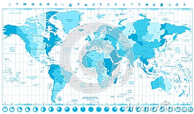 World Map with Standard Time Zones soft tints of blue and clock Vector Illustration