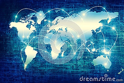 World map on a technological background, glowing lines symbols of the Internet, radio, television, mobile and satellite Stock Photo