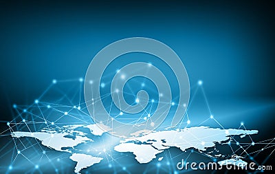 World map on a technological background, glowing lines symbols of the Internet, radio, television, mobile and satellite Stock Photo