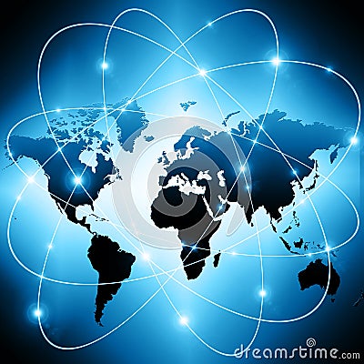 World map on a technological background, glowing lines symbols of the Internet, radio, television, mobile and satellite Stock Photo