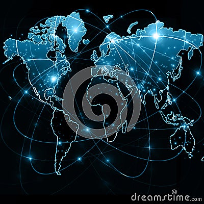 World map on a technological background, glowing lines symbols of the Internet, radio, television, mobile and satellite Stock Photo