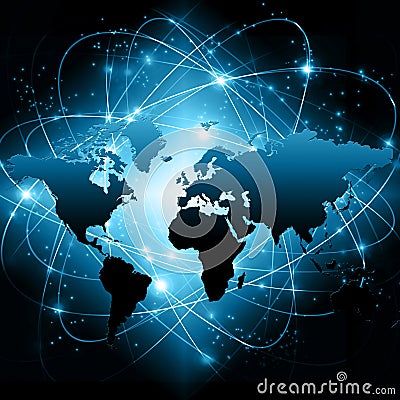 World map on a technological background, glowing lines symbols of the Internet, radio, television, mobile and satellite Stock Photo