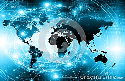 World map on a technological background, glowing lines symbols of the Internet, radio, television, mobile and satellite Stock Photo