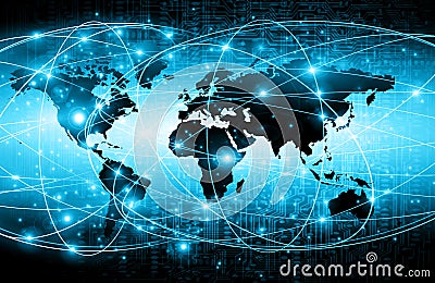 World map on a technological background, glowing lines symbols of the Internet, radio, television, mobile and satellite Stock Photo