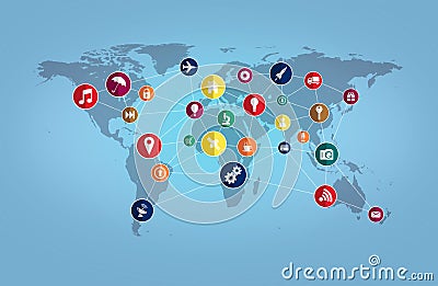 World Map with Technology Icons - Information Technology Concept Stock Photo