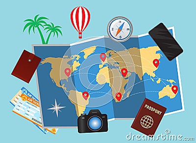 World map and traveller personal belongings over blue background Vector Illustration