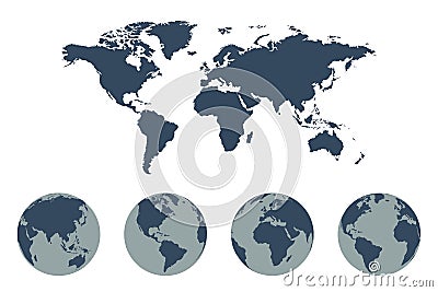 World Map Vector icon with Earth Globes Vector Illustration