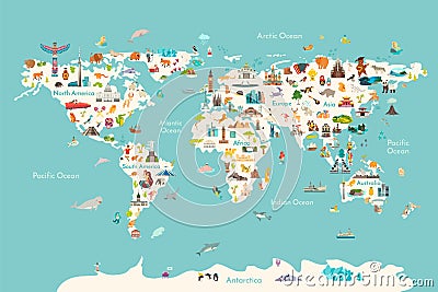 World map vector illustration. Landmarks, sight and animals hand draw icon Vector Illustration