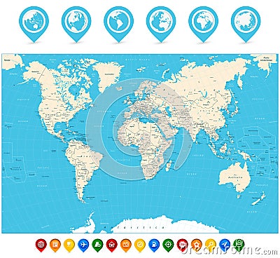World Map vector illustration and map pointers Vector Illustration