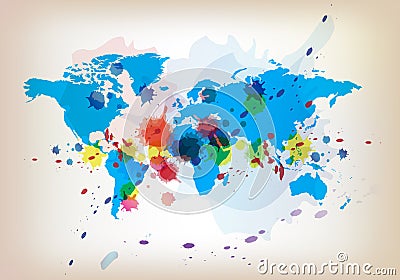 World map and watercolor Vector Illustration