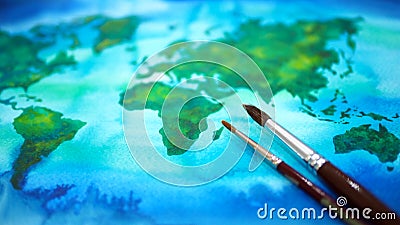 World map watercolor painting art illustration design hand drawing selected focus Cartoon Illustration