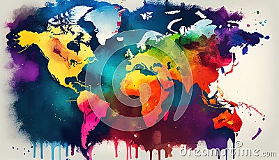 World map in watercolor style. Conceptual graphic showing diversity and the fight for the good of the climate Stock Photo