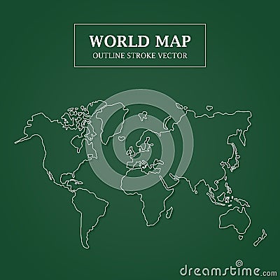 World Map White Outline Stroke on Green Background Vector Illustration