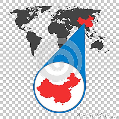 World map with zoom on China. Map in loupe. Vector illustration Vector Illustration