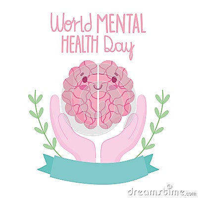 World mental health day, cartoon brain in hands ribbon card Vector Illustration