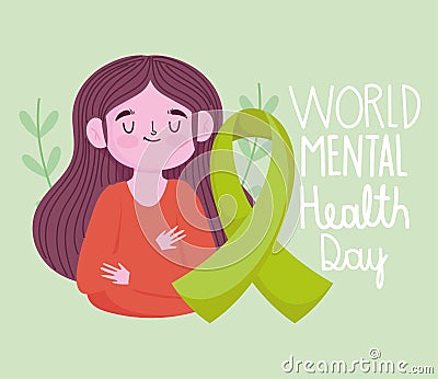 World mental health day, girl green ribbon awareness medical Vector Illustration