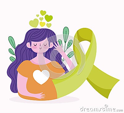 World mental health day, girl green ribbon hearts medical card Vector Illustration