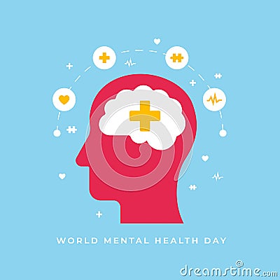 World mental health day poster background design. Human head with brain and psychology medical symbol vector illustration Cartoon Illustration