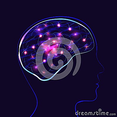 World Mental Health Day. Silhouette of the head of man and brain. Lights showing the work of the brain Stock Photo