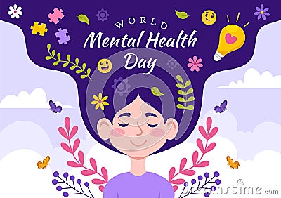 World Mental Health Day Vector Illustration on October 10 with Healthy Problem and Heart in Brain in Flat Cartoon Hand Drawn Vector Illustration