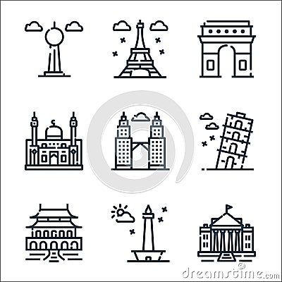 World monument line icons. linear set. quality vector line set such as white house, monas, forbidden city, pisa tower, twin tower Vector Illustration