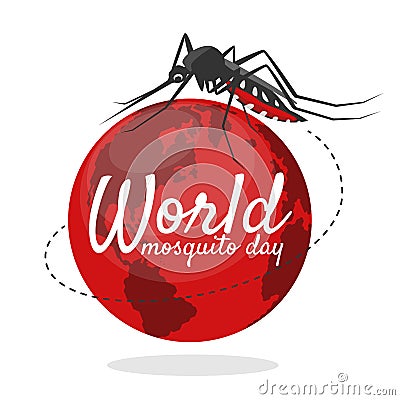 World mosquito day banner with mosquito flying around red earth world sign vector design Vector Illustration