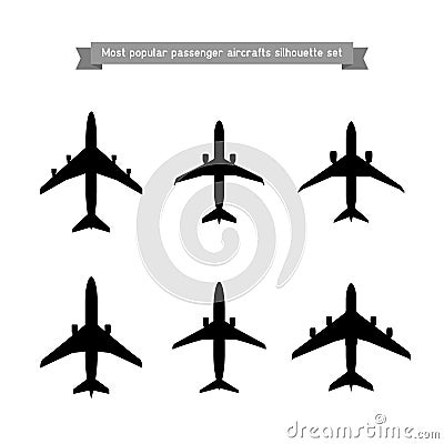World most popular passenger aircraft silhouettes Vector Illustration