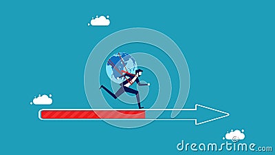 The world moves forward. Businessman with a globe running on an arrow Vector Illustration