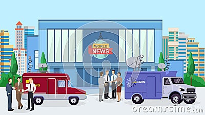 World news building, reporter standing near tv car, truck flat vector illustration. Design interviewer television Vector Illustration