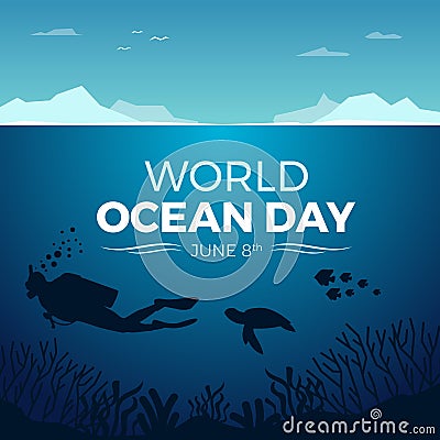 World ocean day banner with diving under ocean and fish and coral vector design Vector Illustration