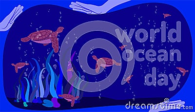 World ocean day. human hand holding help turtle life. doodle hand drawing colorful design style. vector illustration eps10 Vector Illustration