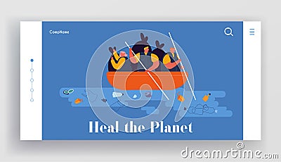 World Ocean Pollution Website Landing Page. People in Boat Collecting Plastic Garbage Waste Floating in Sea. Water Trash Vector Illustration